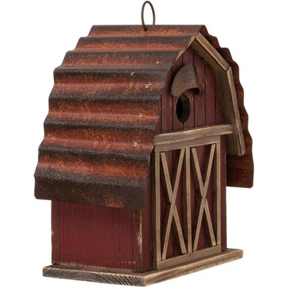 10.25" Hanging Birdhouse Rustic Wooden Barn Garden Bird House for Outdoor - Picture 3 of 6